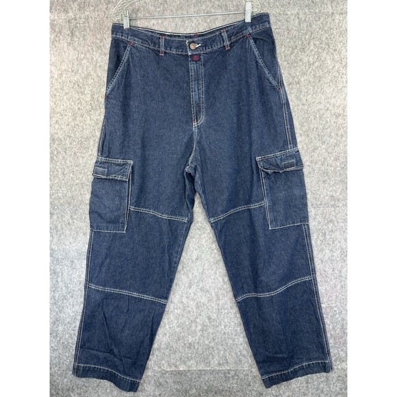 Vintage Cross Colours Cargo Baggy Wide Leg Blue Denim Jeans Sz 38 Y2K